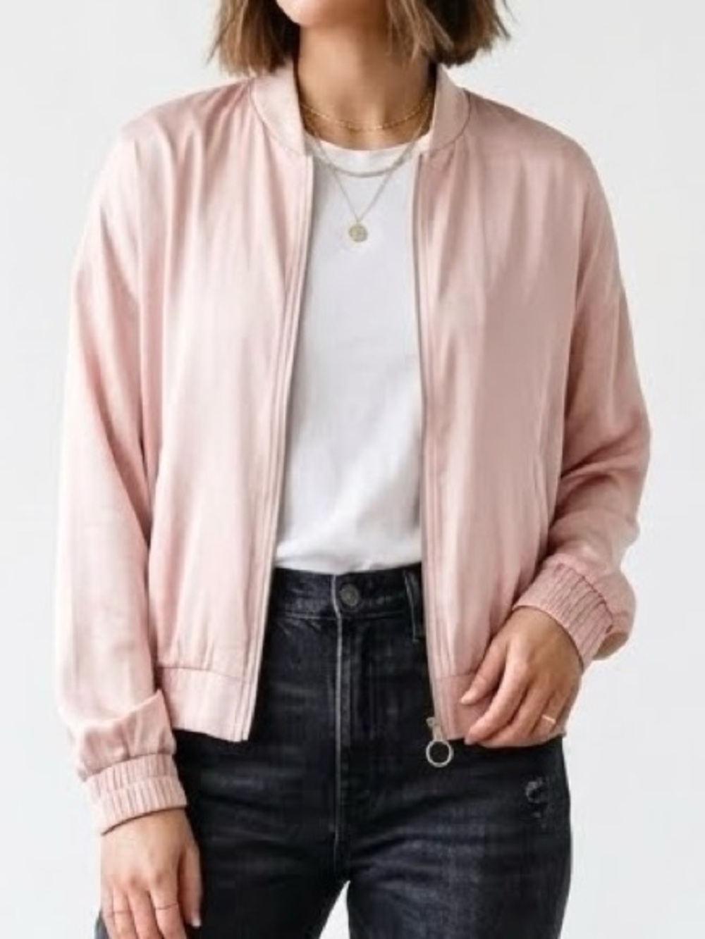 Forever 21 Contemporary Bomber Jacket Blush Pink Satin Lightweight Full Zip XL